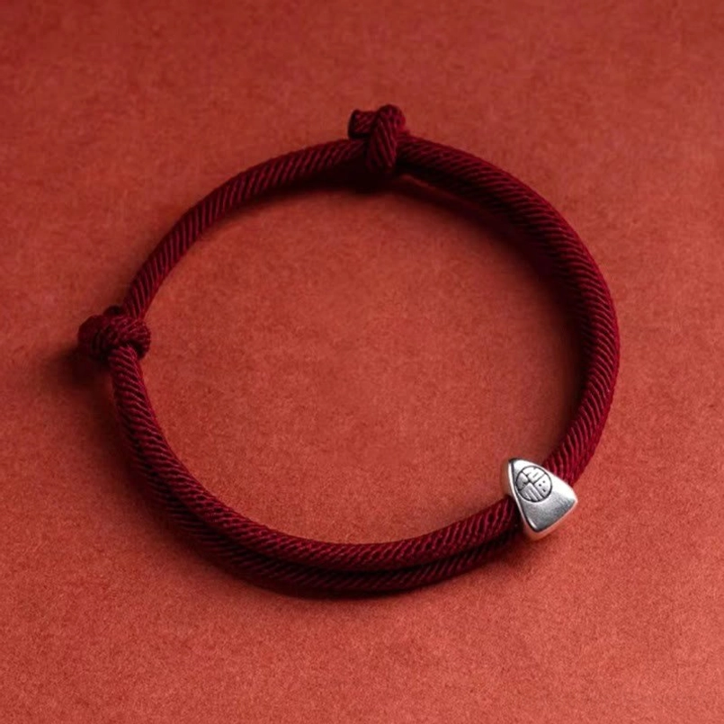 Wine red double layer braided sterling silver fu bracelet with adjustable closure detail