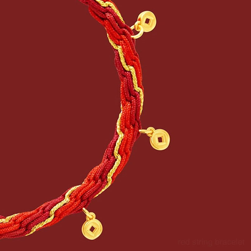 Premium handmade red string bracelet with Fu character charm, gold accents, and protective agate stones for luck and prosperity
