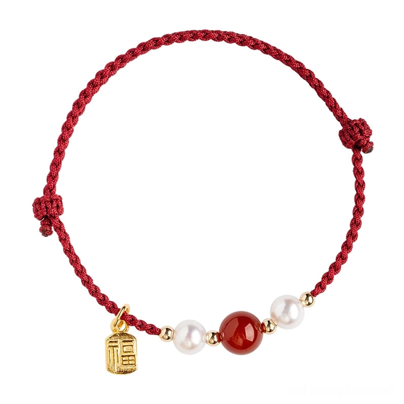 Fu Character red string sterling silver bracelet with pearl and agate - lifestyle wear demonstration