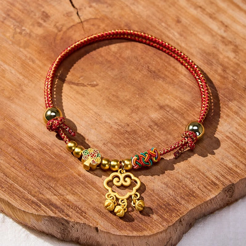 Fu character red string pet collar multiple styles showcase, flat lay collection view