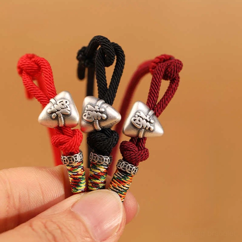 3 piece fu zongzi red string bracelet set in red black dark red colors
