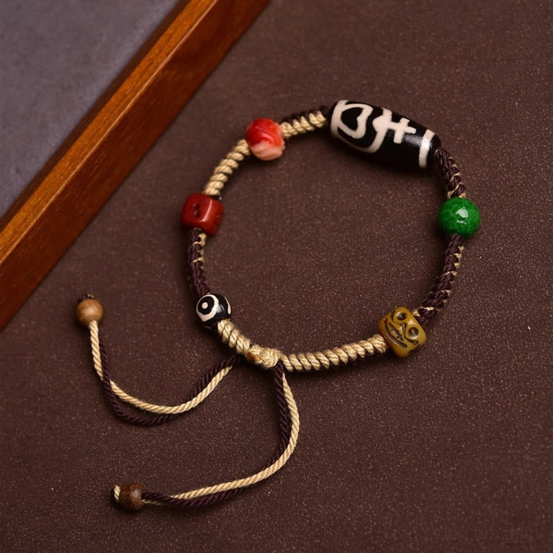 Full Circular Shape Tibetan Dzi Bead Woven Bracelet Overhead View