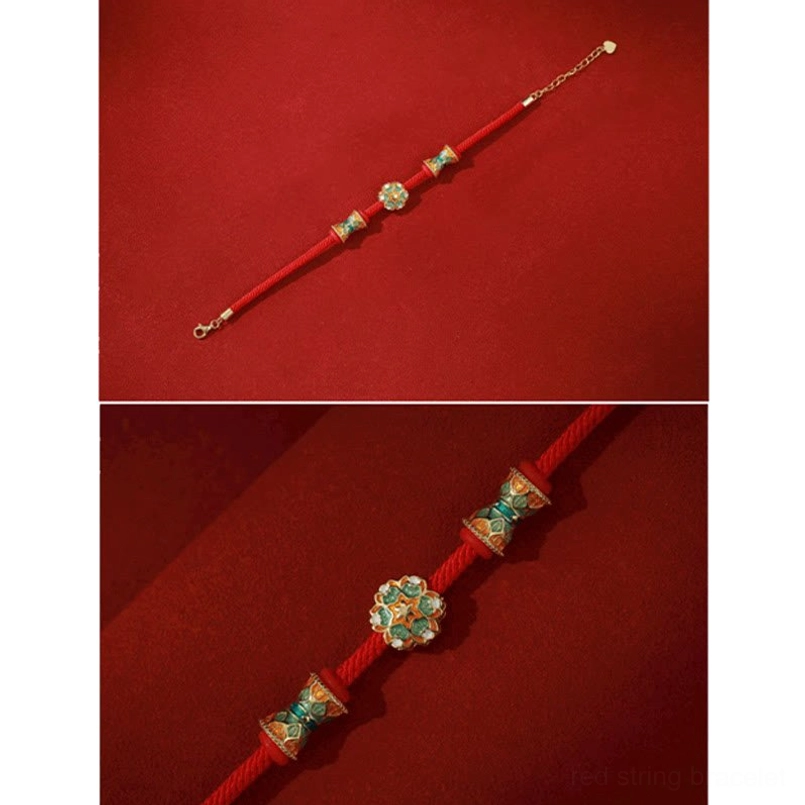 Full set enamel charms Dunhuang lotus drum red string bracelet flat lay display