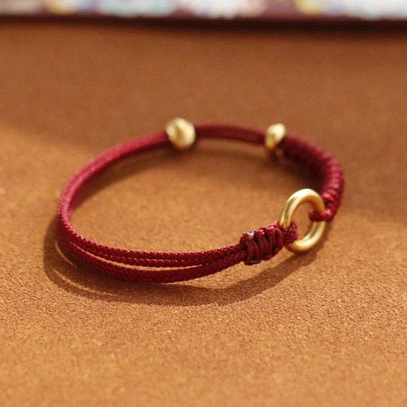 Full Loop Red String Peace Buckle Bracelet Complete Overhead View