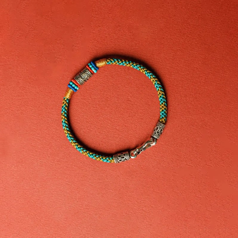 Full view of Tibetan six true words bracelet with silver lobster clasp