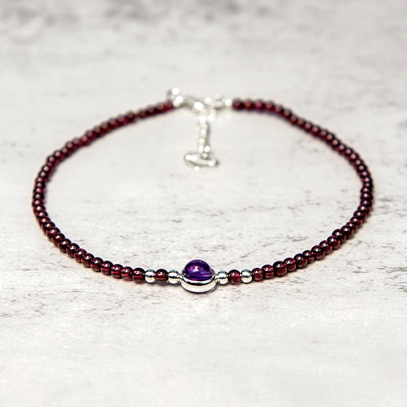 Garnet amethyst red string anklet with silver toggle clasp front view