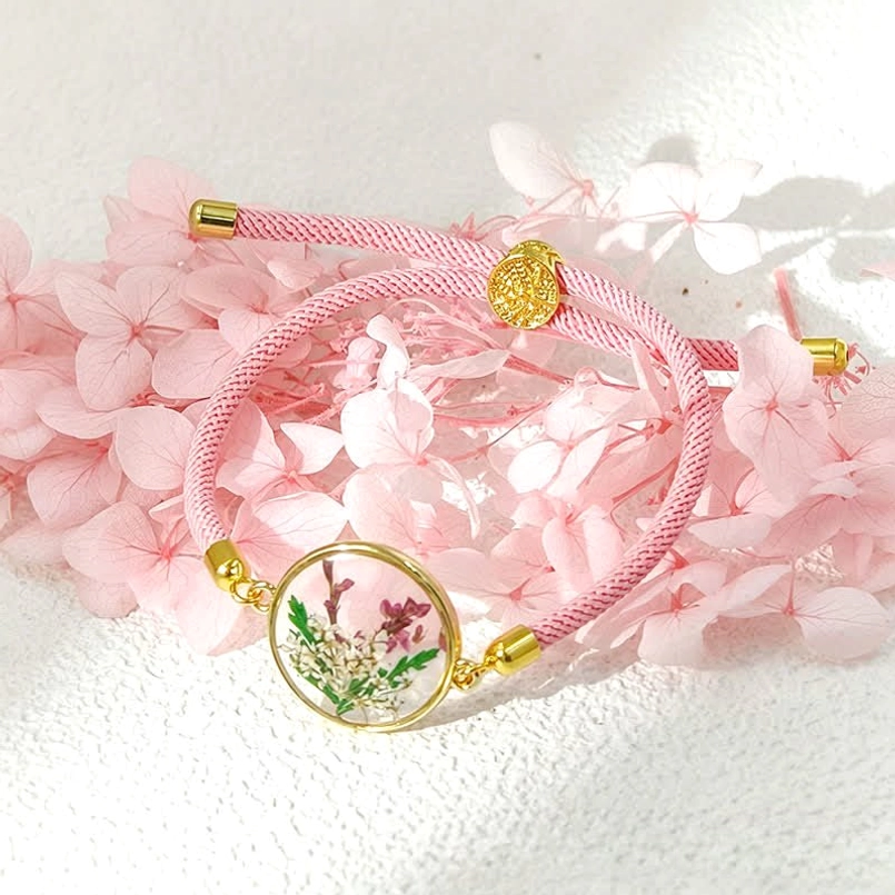 Gladiolus birth flower bracelet - handmade pressed flower resin charm with braided rope