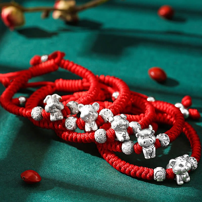 Goat Chinese zodiac 999 sterling silver red multicolor cord bracelet kids gentle charm