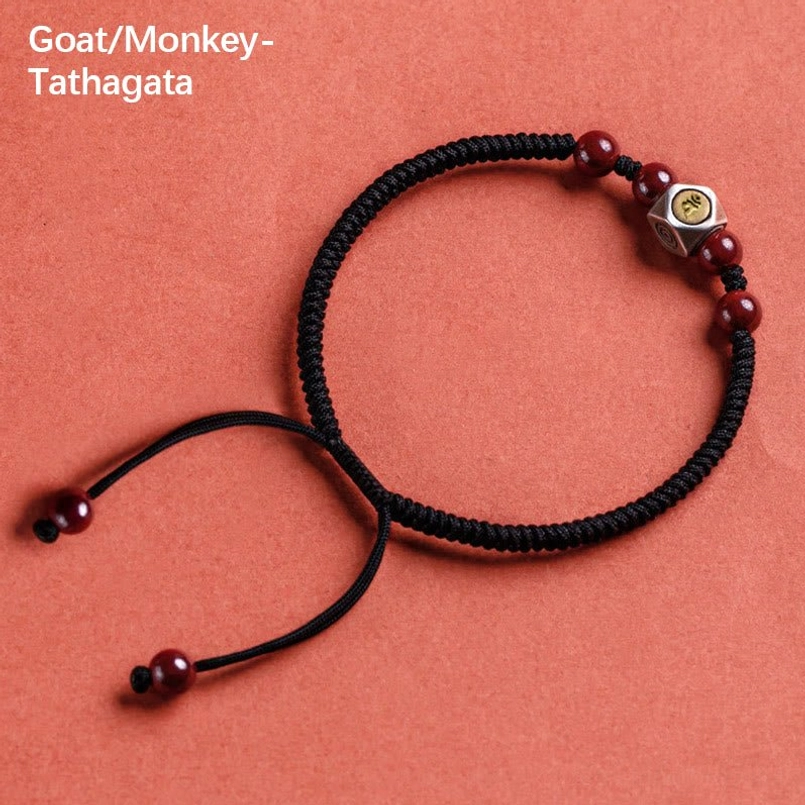 Goat monkey zodiac natal buddha black string bracelet with tathagata bodhisattva guardian