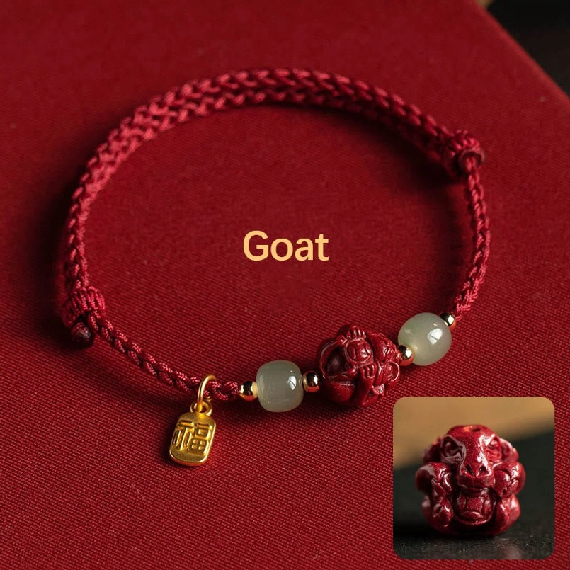Goat zodiac cinnabar jade fu luck bracelet with red string - Chinese zodiac design
