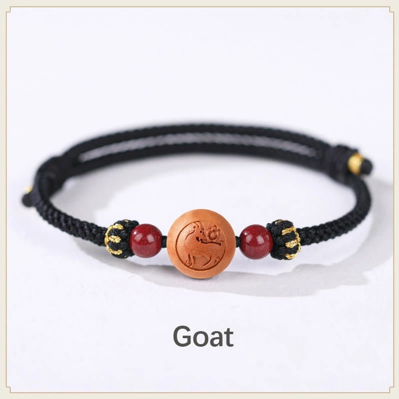 Goat zodiac peach wood black rope bracelet - calm gentle sympathetic fortune talisman