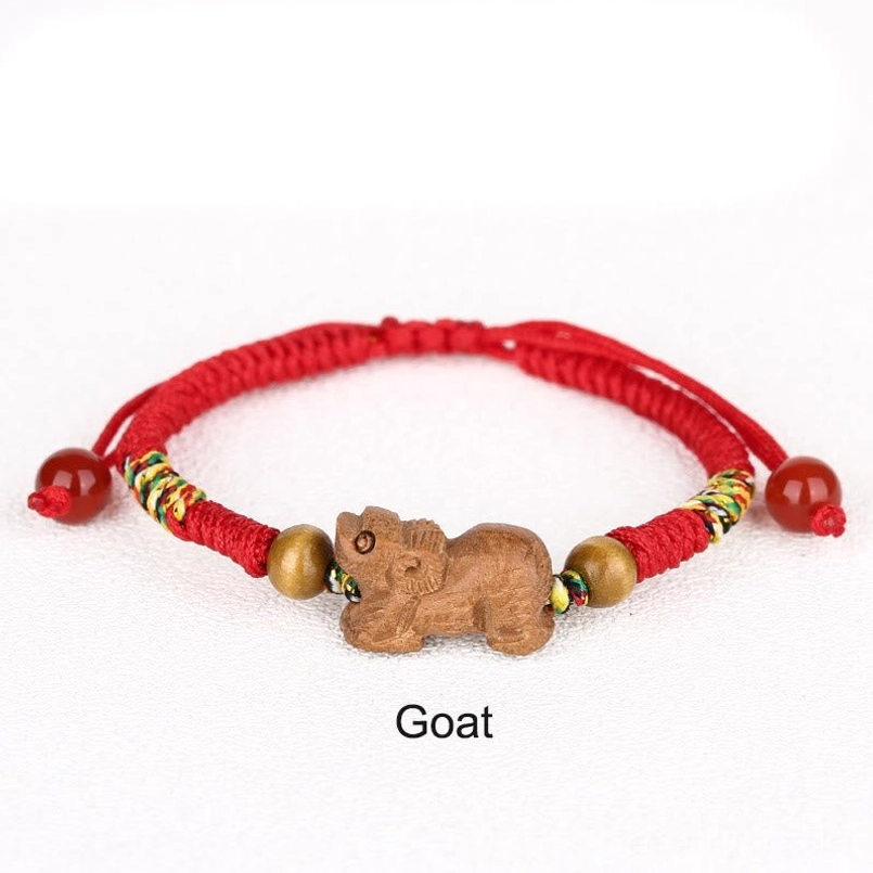 Goat zodiac red string bracelet gentle charm peach wood