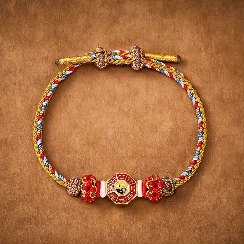 Gold tone Tibetan Bagua red string bracelet top view flat lay design