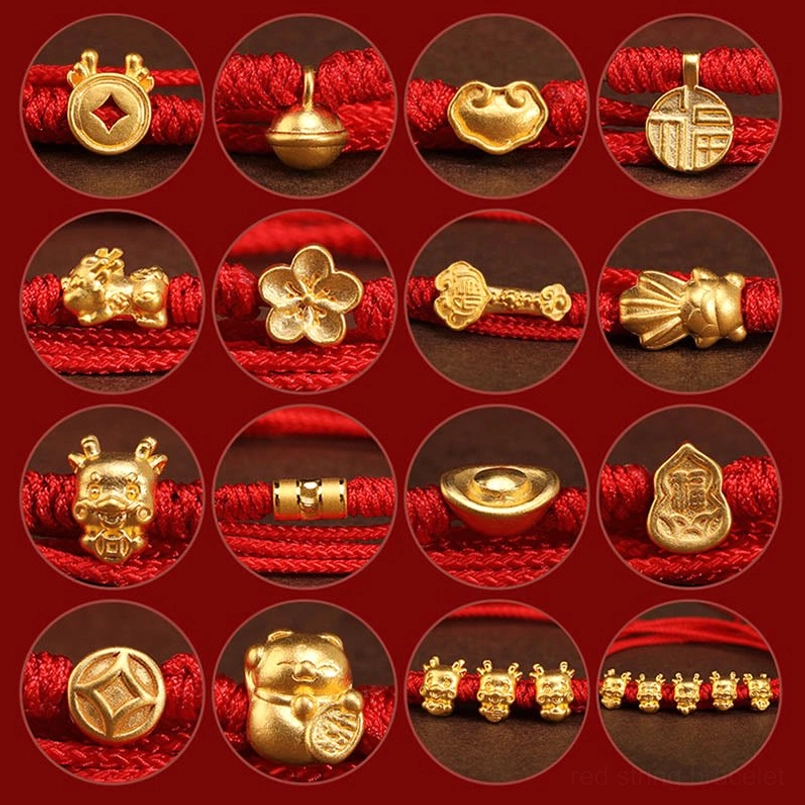 Grid display of 16 interchangeable 999 gold-plated 3D charm designs for red string belly chain