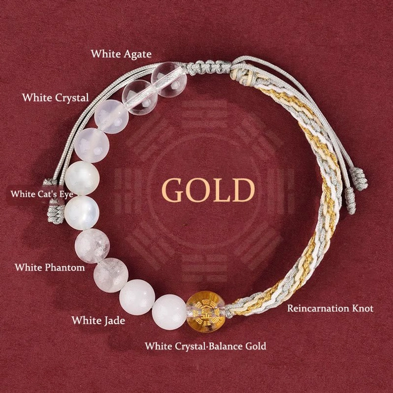 Gold element white crystal agate reincarnation knot bracelet with labeled gemstones flat lay