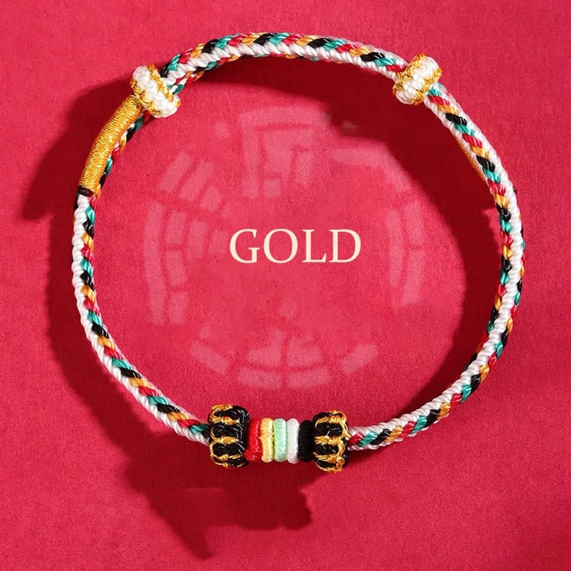 Gold-themed five elements woven bracelet with multicolor braided rope black and colorful spacer beads on red bagua pattern