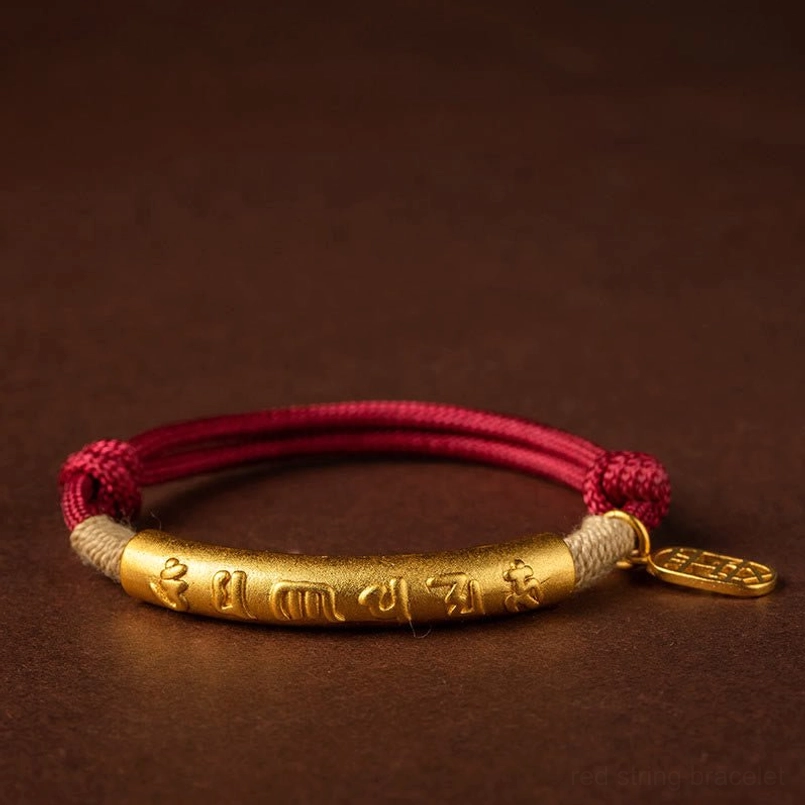 red braided lucky bracelet with gold plated om mani padme hum tube and pendant