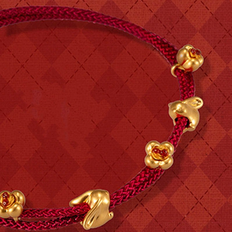 gold osmanthus double rabbit red string bracelet full view