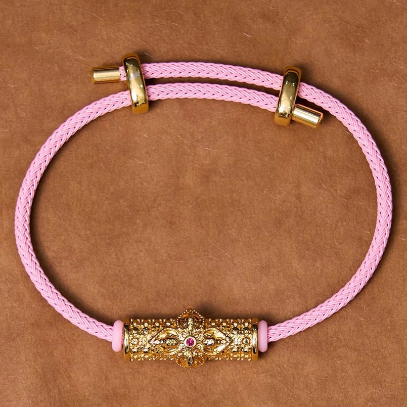 Gold pink string copper luck red string bracelet with handcrafted flower charm