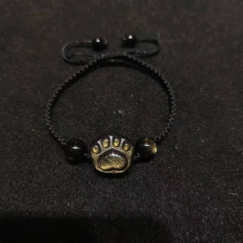 Gold sheen obsidian cat paw bracelet black string grounding protection