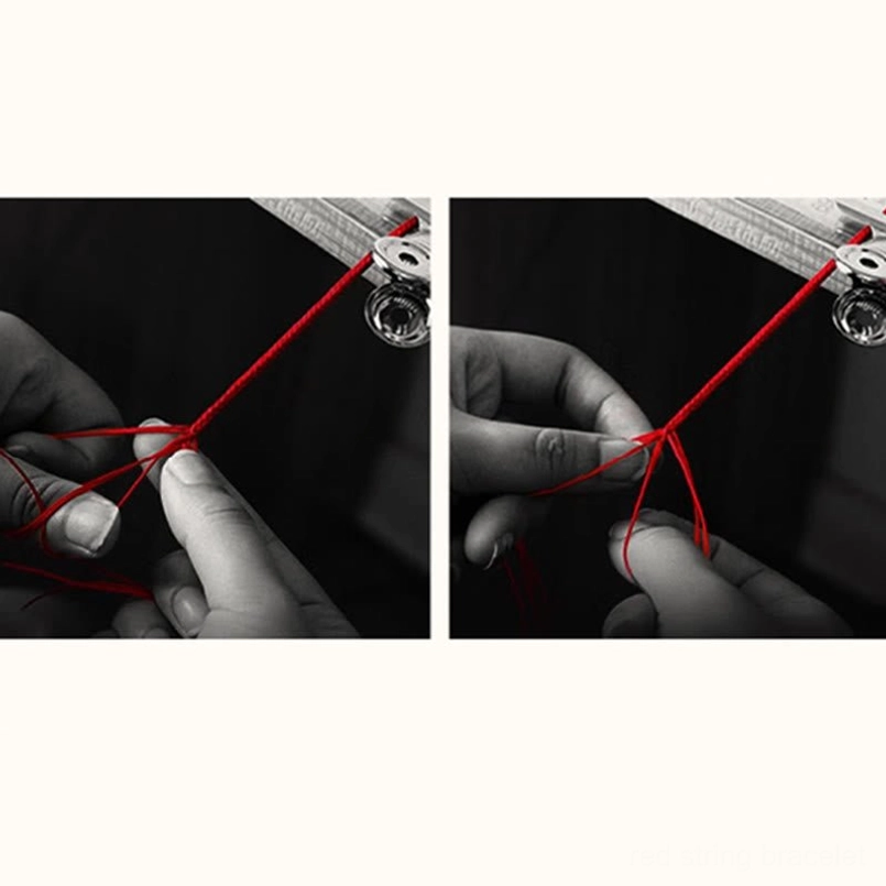multiple gold snake red string bracelets arranged with natural crystal stones