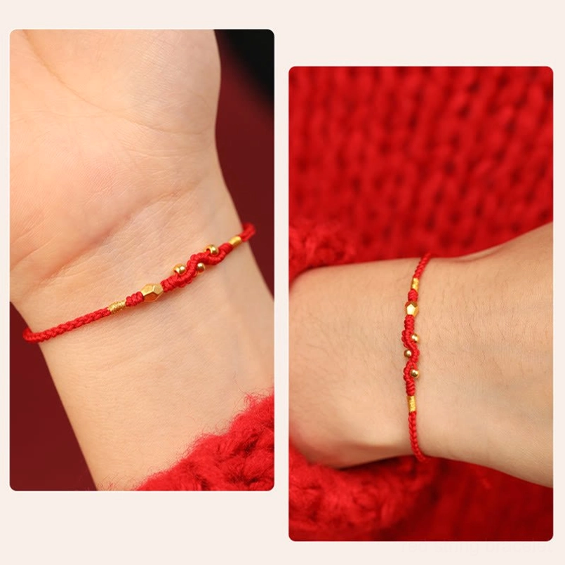 Dual angle display of 999 gold snake red string bracelet worn on wrist