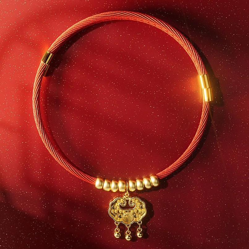 Golden bead lock style red string pet collar with fu character and prosperity charms