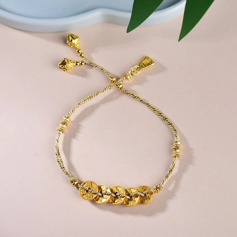 Golden Five-Emperor Coins red string bracelet with prosperity and abundance symbolism