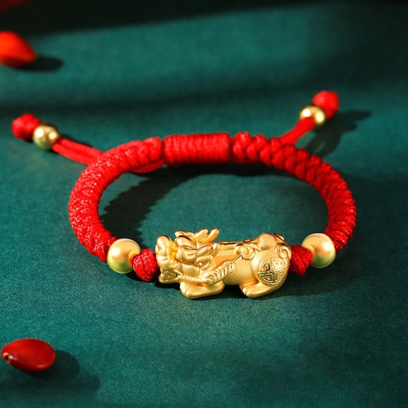 999 Sterling Silver Golden Pixiu kids bracelet with solid red braided cord and gold beads