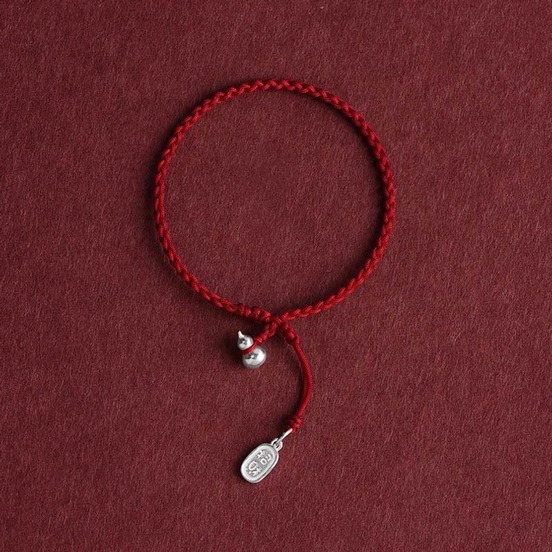 dark red string lucky fortune gourd bracelet with silver charm