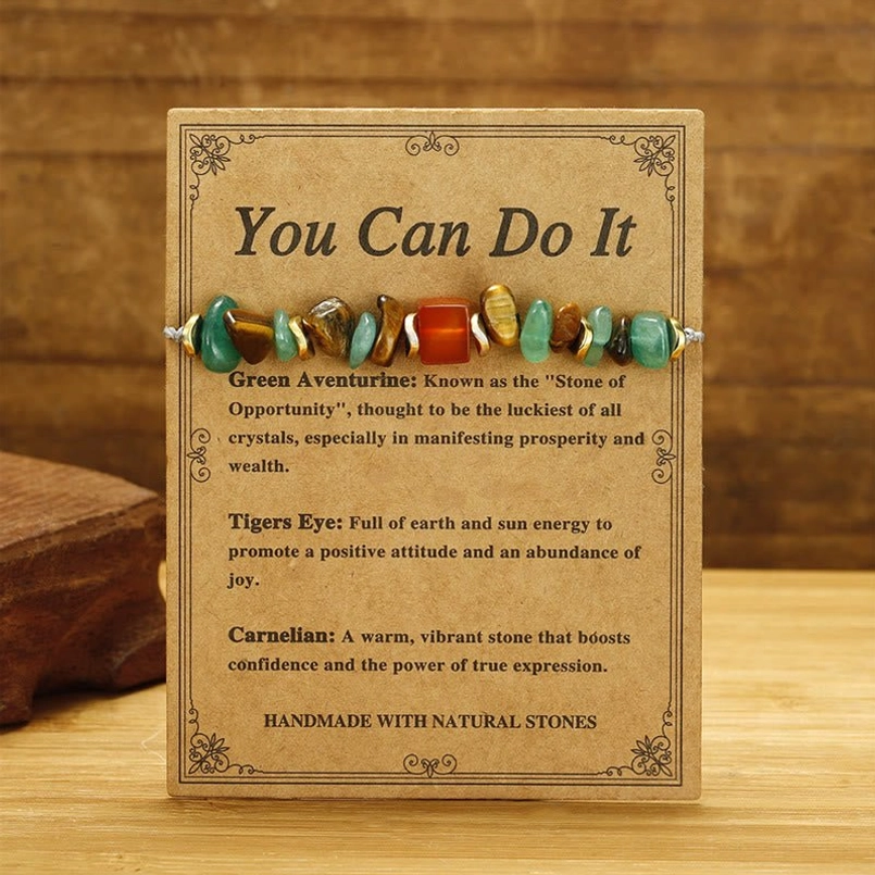 Natural stone bracelet benefits card showing green aventurine tiger eye and carnelian crystal meanings