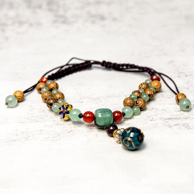 Wenge wood green aventurine mixed beads anklet top-down view with glass charm pendant