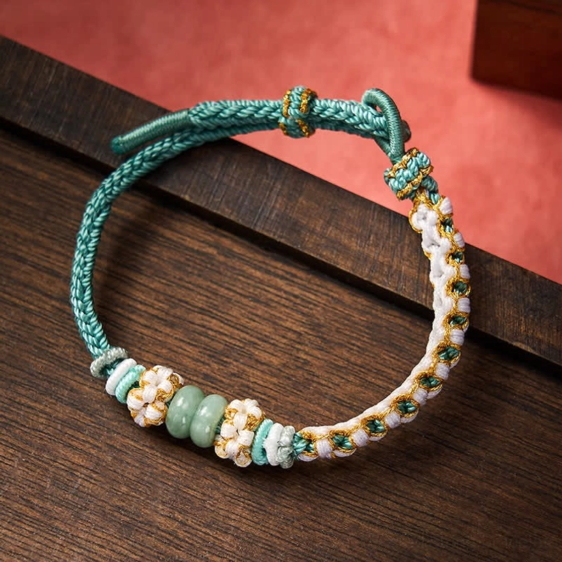 Green Chinese knot jade bracelet with prosperity stone and adjustable cord