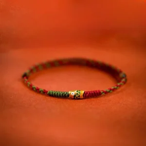 Green koi fish braided red string bracelet with gold charm, high angle view