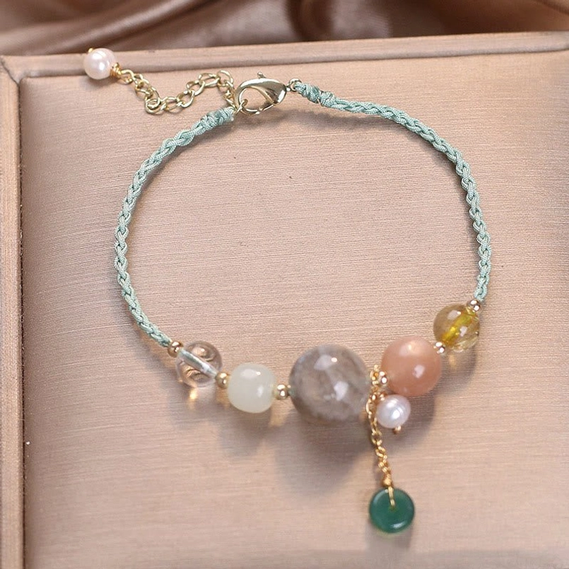 Green rope moonstone peace buckle bracelet with mixed gemstone beads balance harmony