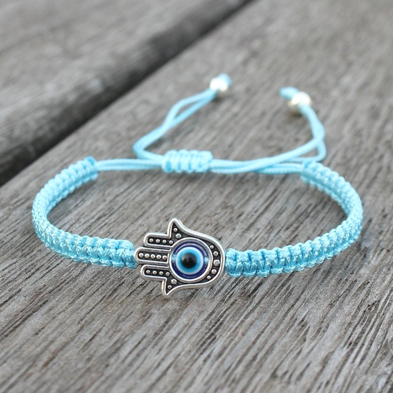 Hamsa evil eye aqua string bracelet - turquoise protective hand charm bracelet