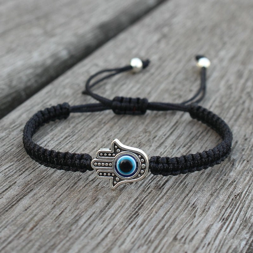 Hamsa evil eye black string bracelet with silver charm - unisex protection bracelet