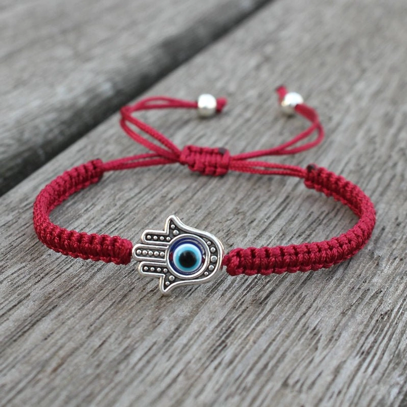 Hamsa evil eye dark red string bracelet - traditional protection jewelry with adjustable fit
