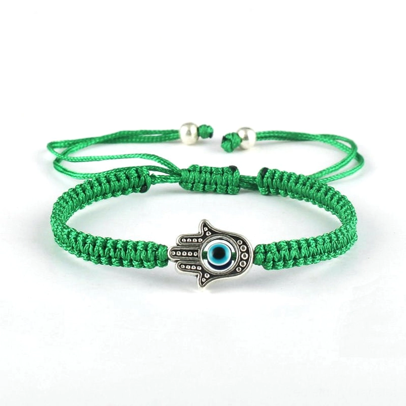 Pair of matching Hamsa evil eye green string bracelets - couple protection symbols