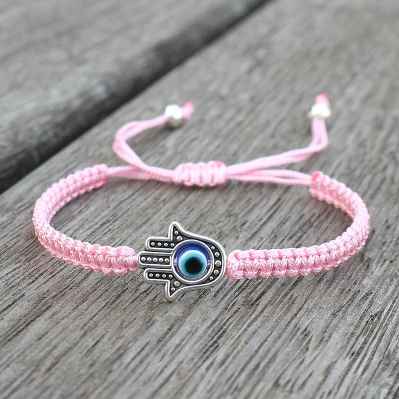 Hamsa evil eye pink string bracelet - luck and protection charm jewelry