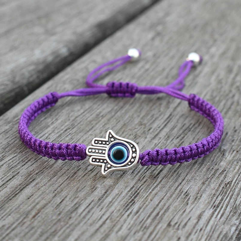 Hamsa evil eye purple string bracelet - spiritual protection jewelry handmade