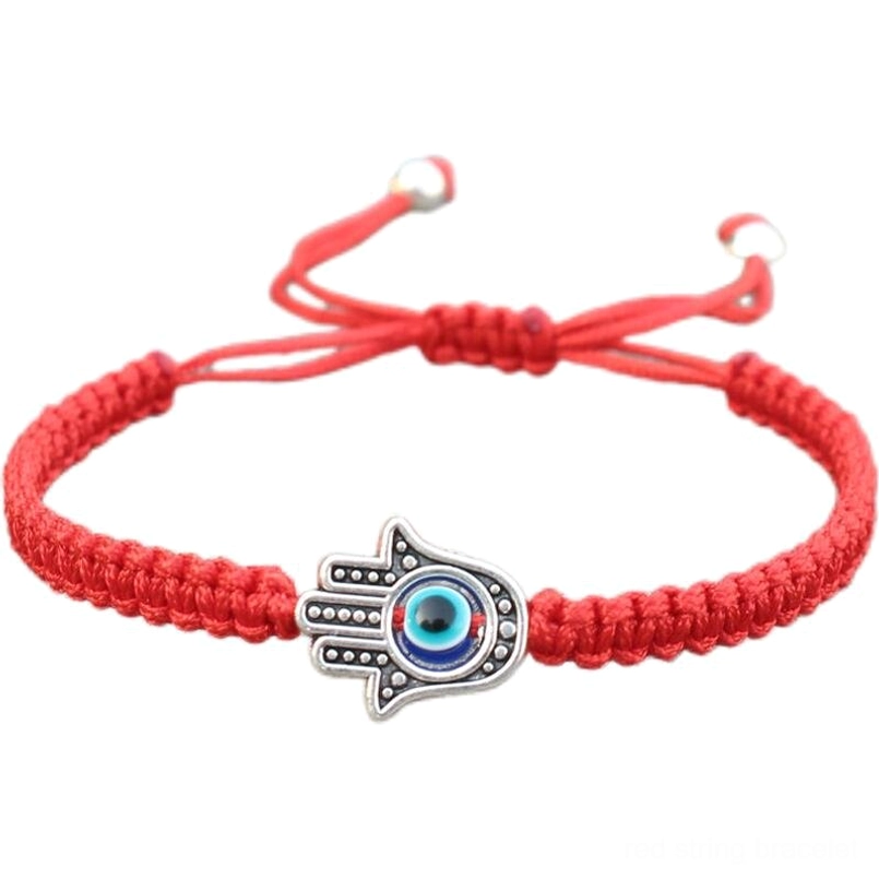 Handmade Hamsa evil eye string bracelet front view on white background - silver charm detail