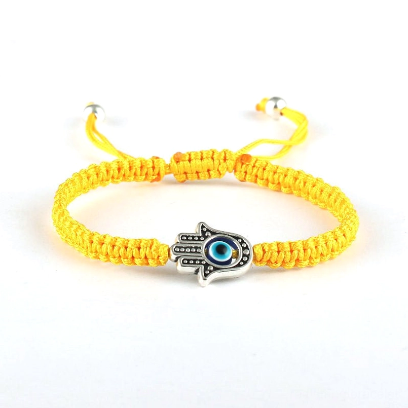 Hamsa evil eye yellow string bracelet - protective hand symbol with silver metal charm