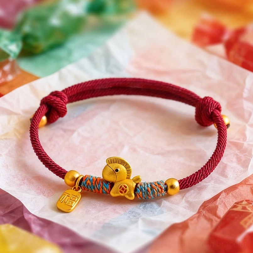 hand braided red string bracelet with gold horse and fu charm on candy packaging background