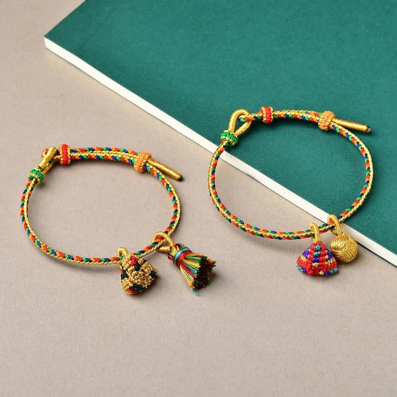 Hand-woven five element colorful red string bracelet with multiple charm options
