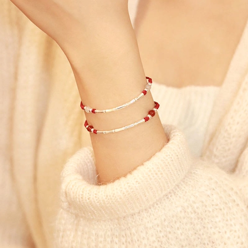 Handcrafted 925 sterling silver red string bracelet with natural agate stones
