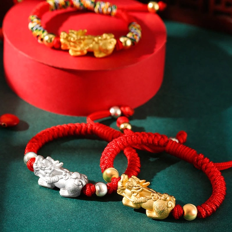 Handcrafted kids bracelet with 999 silver Pixiu charm and colorful woven cord