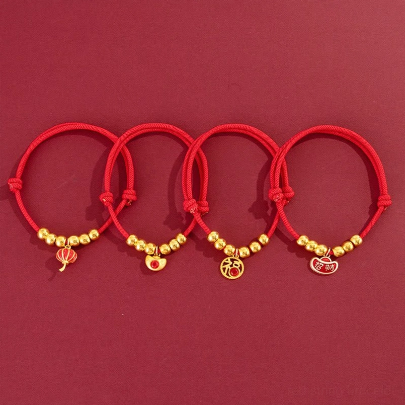 Handcrafted red string pet collar with lantern pattern charm and gold barrel beads