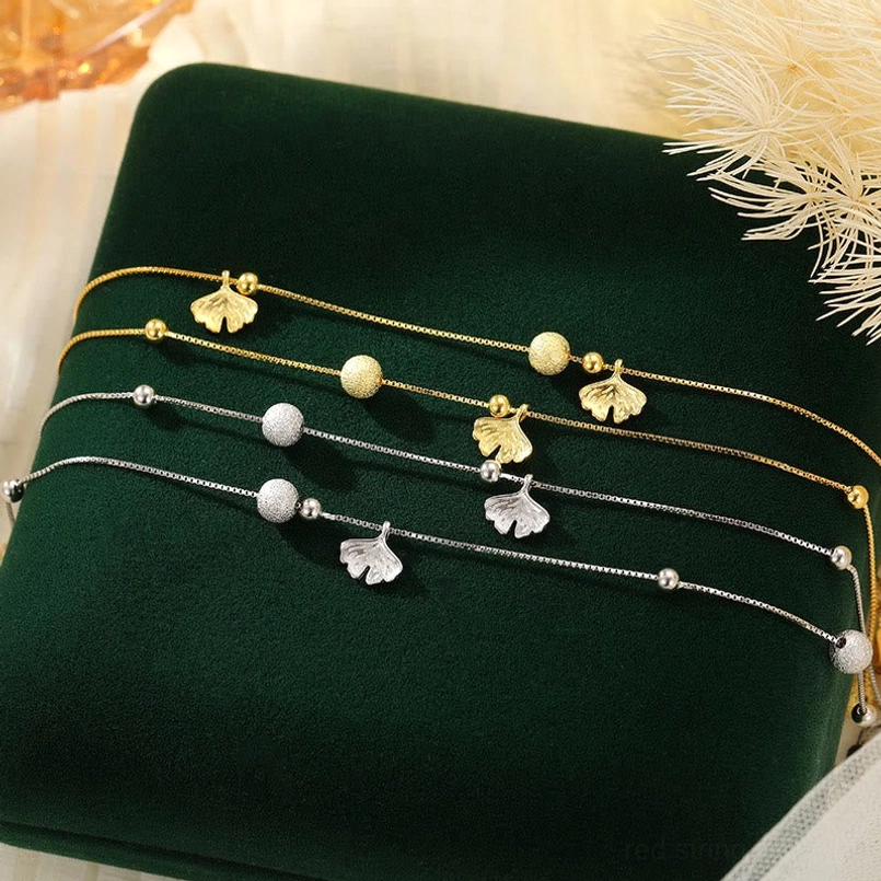 Ginkgo leaf double layer ankle bracelet 925 sterling silver handmade