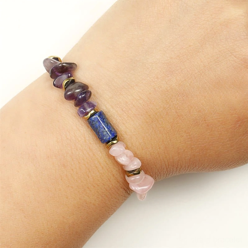Handmade best friends forever healing crystal bracelet featuring amethyst, rose quartz, and lapis lazuli stones